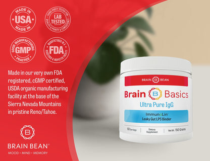 Brain Basics Ultra Pure IgG Supplement - Dairy-Free Supplement IgG-Immunolin Powder, Blended Vitamin & Mineral Supplements, 150g, 60 Servings - dailyvitalstore