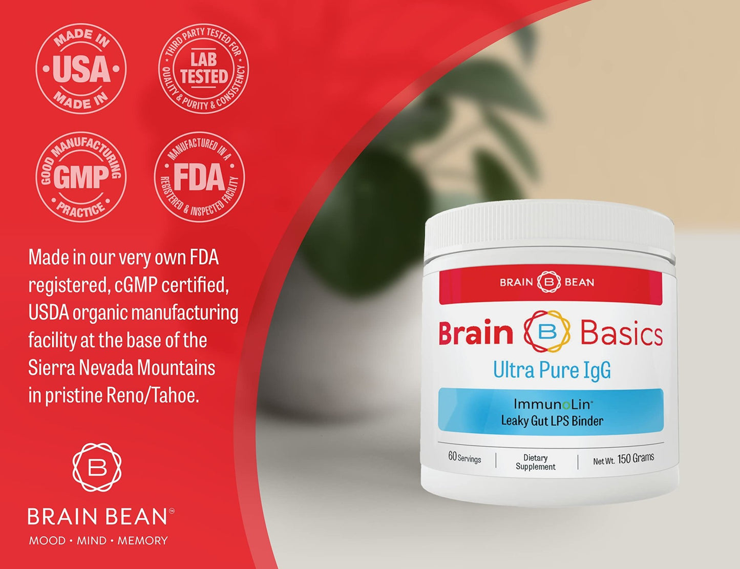 Brain Basics Ultra Pure IgG Supplement - Dairy-Free Supplement IgG-Immunolin Powder, Blended Vitamin & Mineral Supplements, 150g, 60 Servings - dailyvitalstore