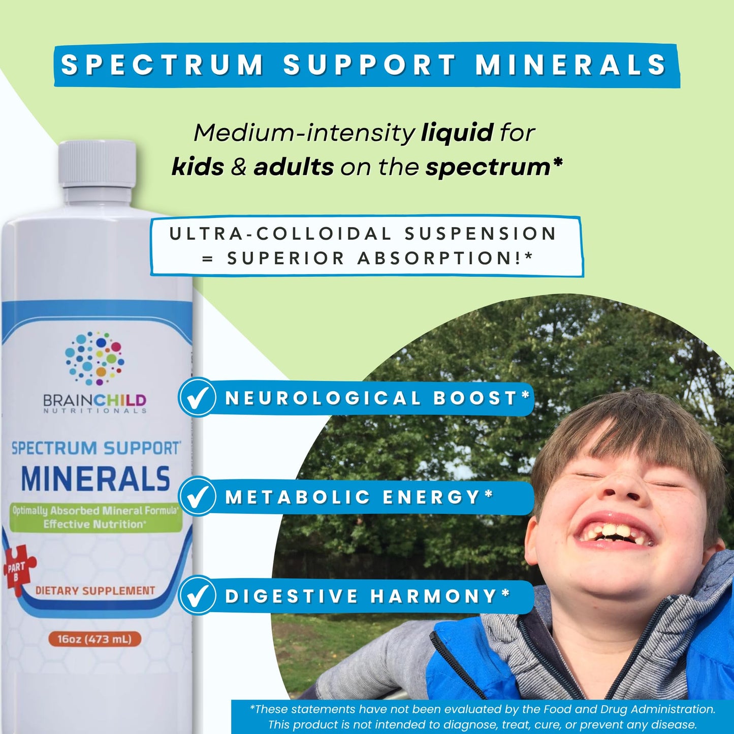 BrainChild Nutritionals Spectrum Support Minerals Liquid Supplement for Autism - Well Absorbed for Kids & Adults on the Spectrum, Ultra-Colloidal Suspension, Casein-Free, Unflavored 16oz - dailyvitalstore
