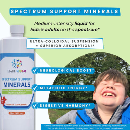 BrainChild Nutritionals Spectrum Support Minerals Liquid Supplement for Autism - Well Absorbed for Kids & Adults on the Spectrum, Ultra-Colloidal Suspension, Casein-Free, Unflavored 16oz - dailyvitalstore