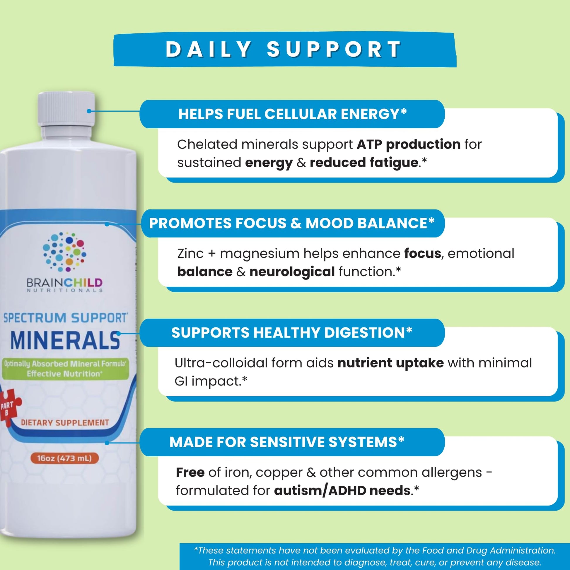 BrainChild Nutritionals Spectrum Support Minerals Liquid Supplement for Autism - Well Absorbed for Kids & Adults on the Spectrum, Ultra-Colloidal Suspension, Casein-Free, Unflavored 16oz - dailyvitalstore