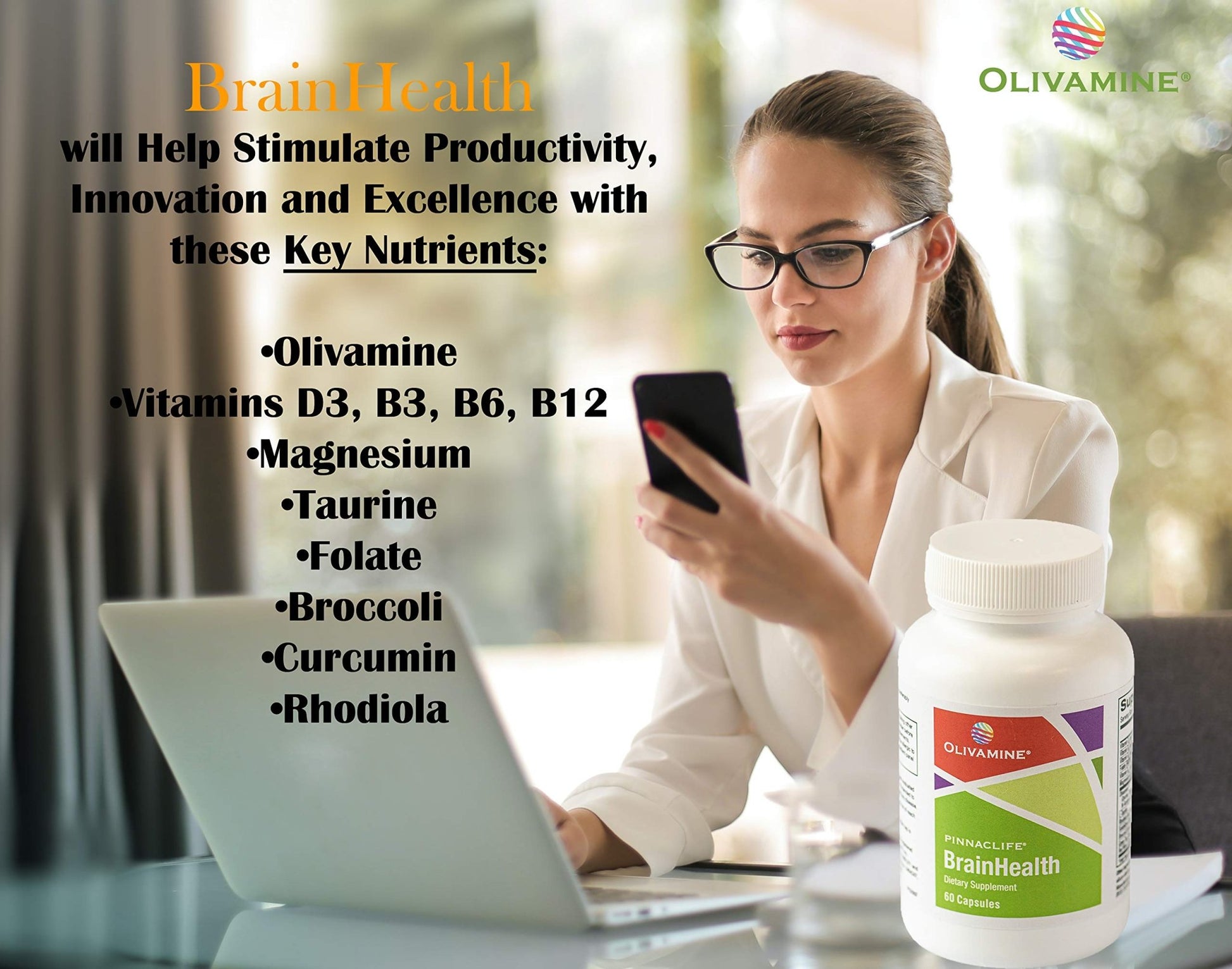 BrainHealth Brain Supplement - Amplify Memory, Increase Focus, Enhance Clarity & Gain Productivity For Men & Women, Olivamine, Vitamin D, Vitamin B6 & B12, Rhodiola Rosea, Magnesium, Taurine - dailyvitalstore