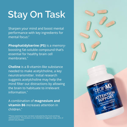 BRAINMD Dr Amen Attention Support - 90 Capsules - Promotes Mental Focus & Impulse Control - Gluten Free - 30 Servings - dailyvitalstore