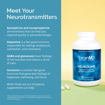 BRAINMD Dr Amen NeuroLink - 180 Capsules - Promotes Optimal Brain Function, Focus & Concentration - Gluten Free - 45 Servings - dailyvitalstore