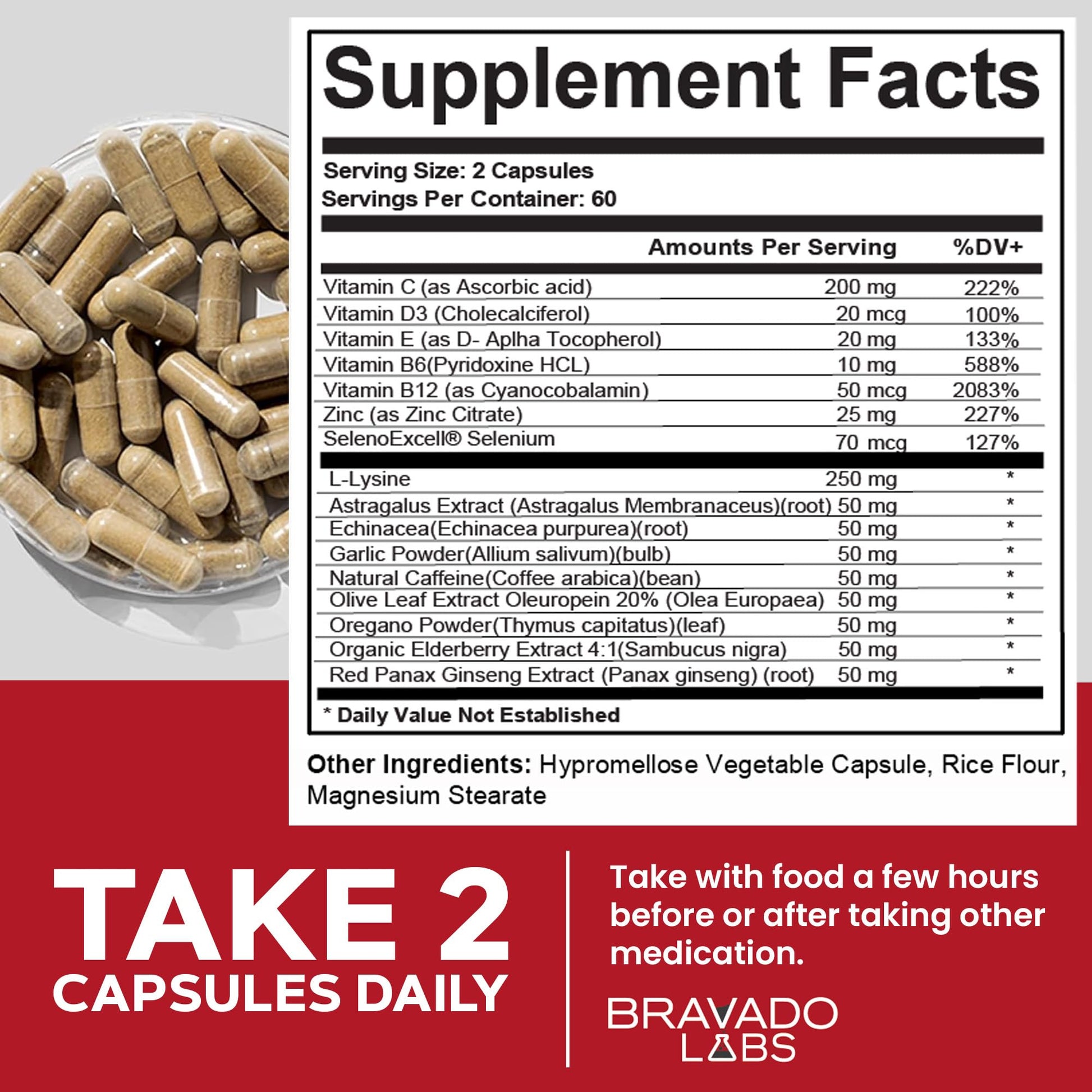 Bravado Labs L-Lysine 250mg Capsules – Immune & Cold Sore Support – Vegan, Non-GMO, Allergen-Free, 3rd-Party Tested - dailyvitalstore