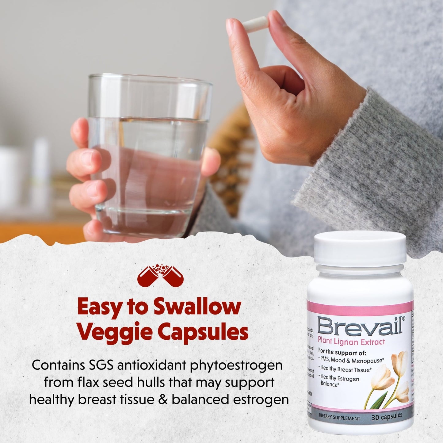 Brevail Plant Lignan Extract Capsules, Proactive Breast Health Supplement with 50 mg SDG Lignans from Flax Seed Hulls for Healthy Estrogen Balance and PMS Mood Support Pills, 30 Count - dailyvitalstore