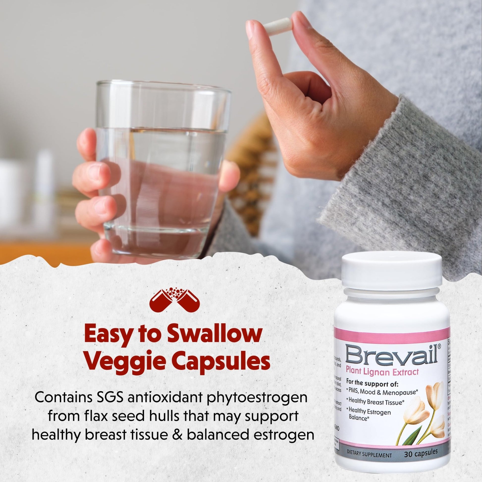 Brevail Plant Lignan Extract Capsules, Proactive Breast Health Supplement with 50 mg SDG Lignans from Flax Seed Hulls for Healthy Estrogen Balance and PMS Mood Support Pills, 30 Count - dailyvitalstore