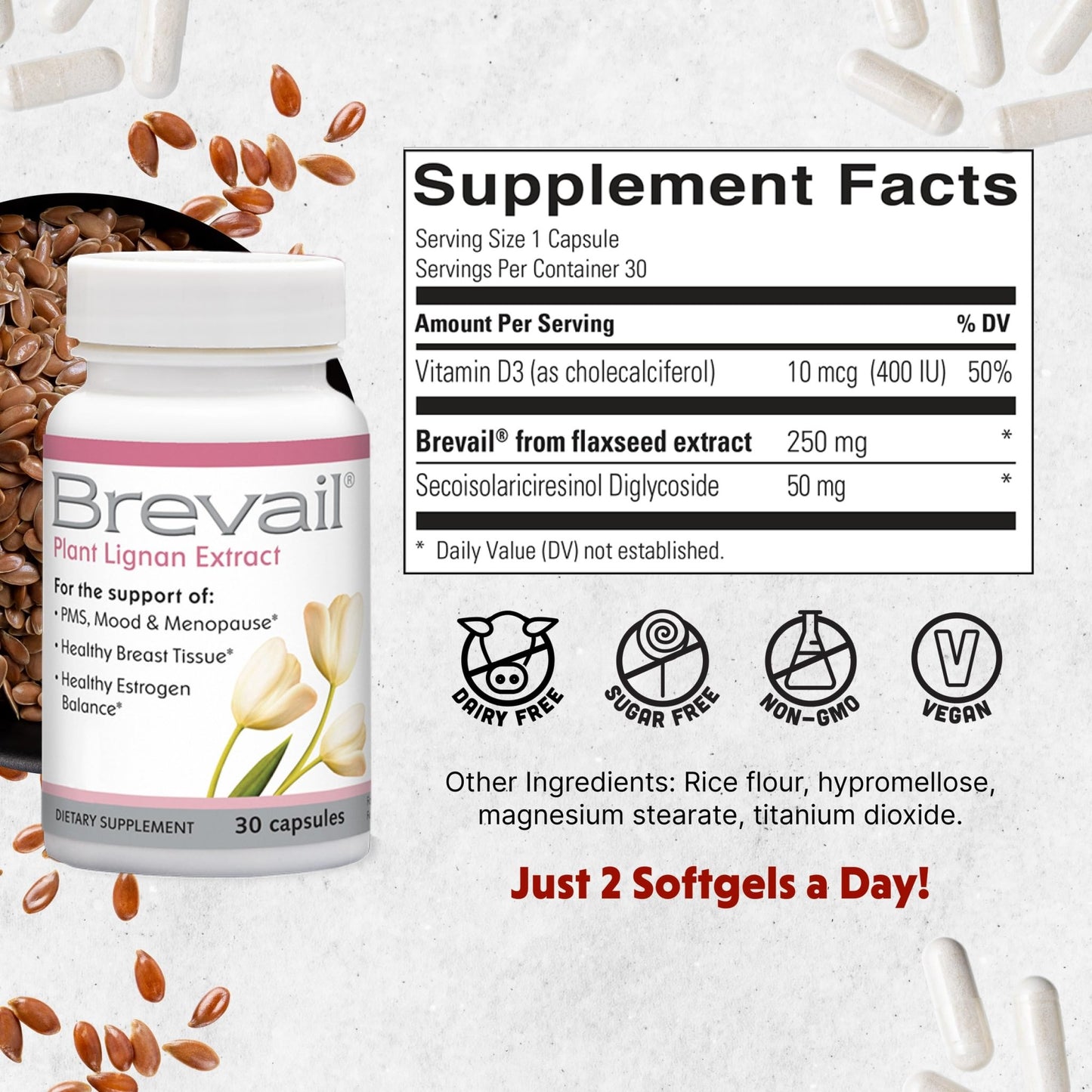 Brevail Plant Lignan Extract Capsules, Proactive Breast Health Supplement with 50 mg SDG Lignans from Flax Seed Hulls for Healthy Estrogen Balance and PMS Mood Support Pills, 30 Count - dailyvitalstore