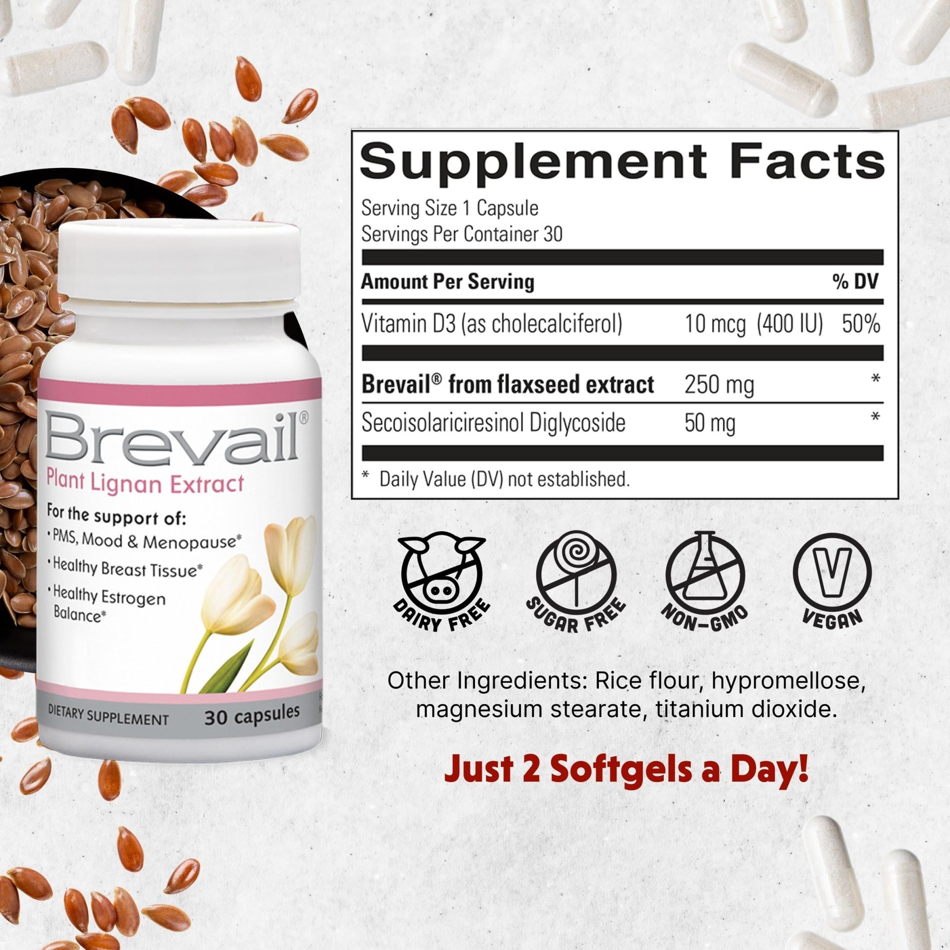 Brevail Plant Lignan Extract Capsules, Proactive Breast Health Supplement with 50 mg SDG Lignans from Flax Seed Hulls for Healthy Estrogen Balance and PMS Mood Support Pills, 30 Count - dailyvitalstore