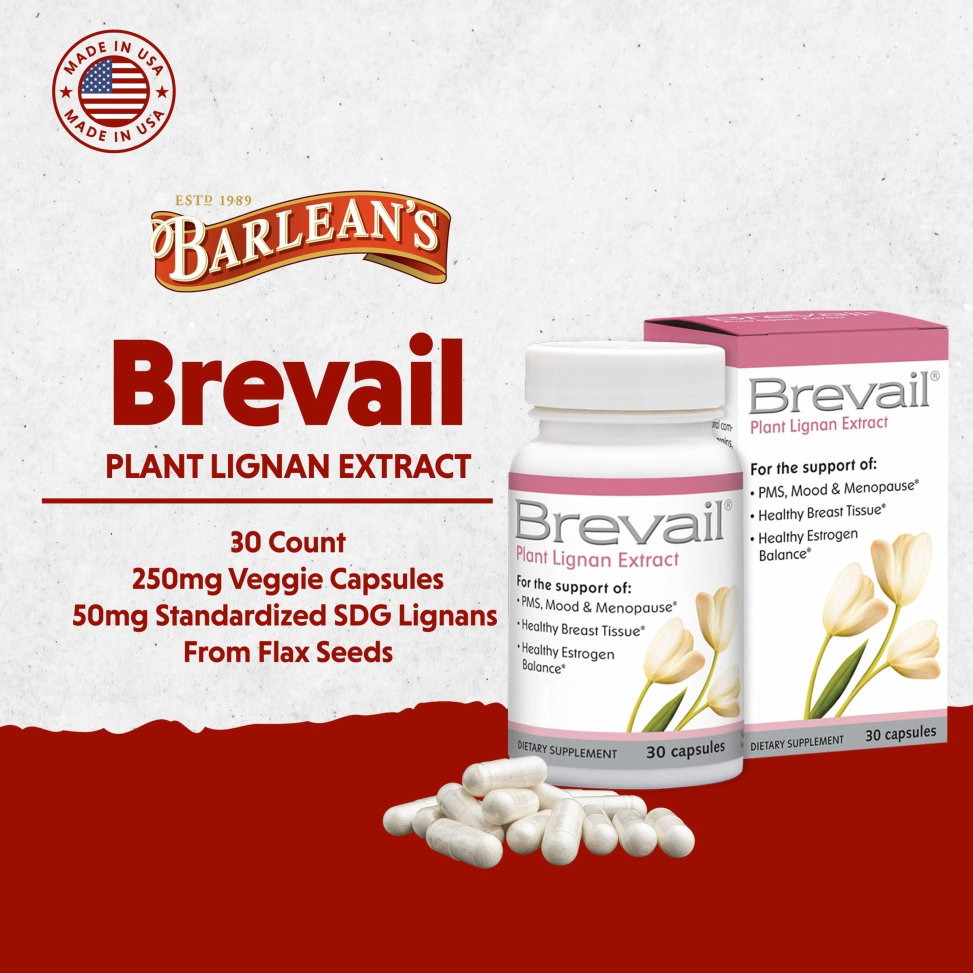 Brevail Plant Lignan Extract Capsules, Proactive Breast Health Supplement with 50 mg SDG Lignans from Flax Seed Hulls for Healthy Estrogen Balance and PMS Mood Support Pills, 30 Count - dailyvitalstore