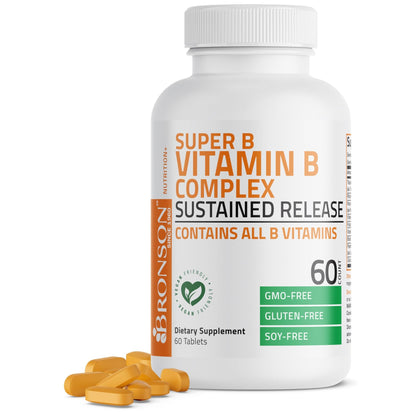Bronson Super B Vitamin B Complex Sustained Slow Release (Vitamin B1, B2, B3, B6, B9 - Folic Acid, B12) Contains All B Vitamins 60 Tablets - dailyvitalstore