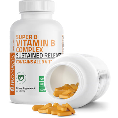 Bronson Super B Vitamin B Complex Sustained Slow Release (Vitamin B1, B2, B3, B6, B9 - Folic Acid, B12) Contains All B Vitamins 60 Tablets - dailyvitalstore