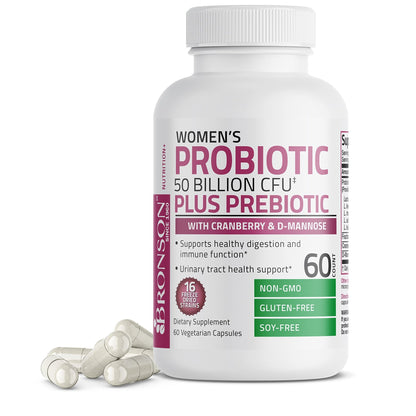 Bronson Women's Probiotic 50 Billion CFU + Prebiotic with Cranberry & D-Mannose – Vaginal Health, Healthy Digestion, Immune Function and Urinary Tract Support, Non-GMO, 60 Vegetarian Capsules - dailyvitalstore