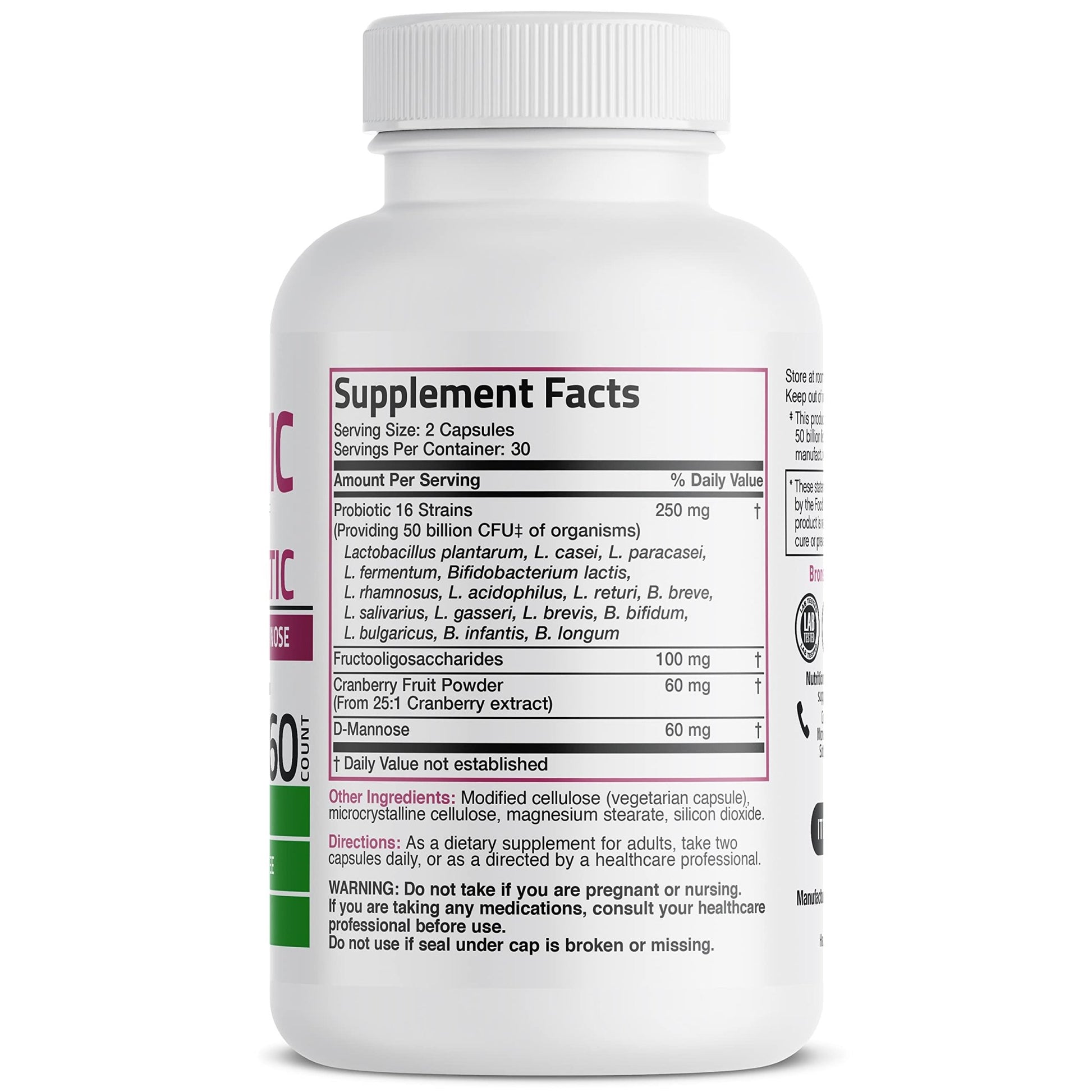 Bronson Women's Probiotic 50 Billion CFU + Prebiotic with Cranberry & D-Mannose – Vaginal Health, Healthy Digestion, Immune Function and Urinary Tract Support, Non-GMO, 60 Vegetarian Capsules - dailyvitalstore