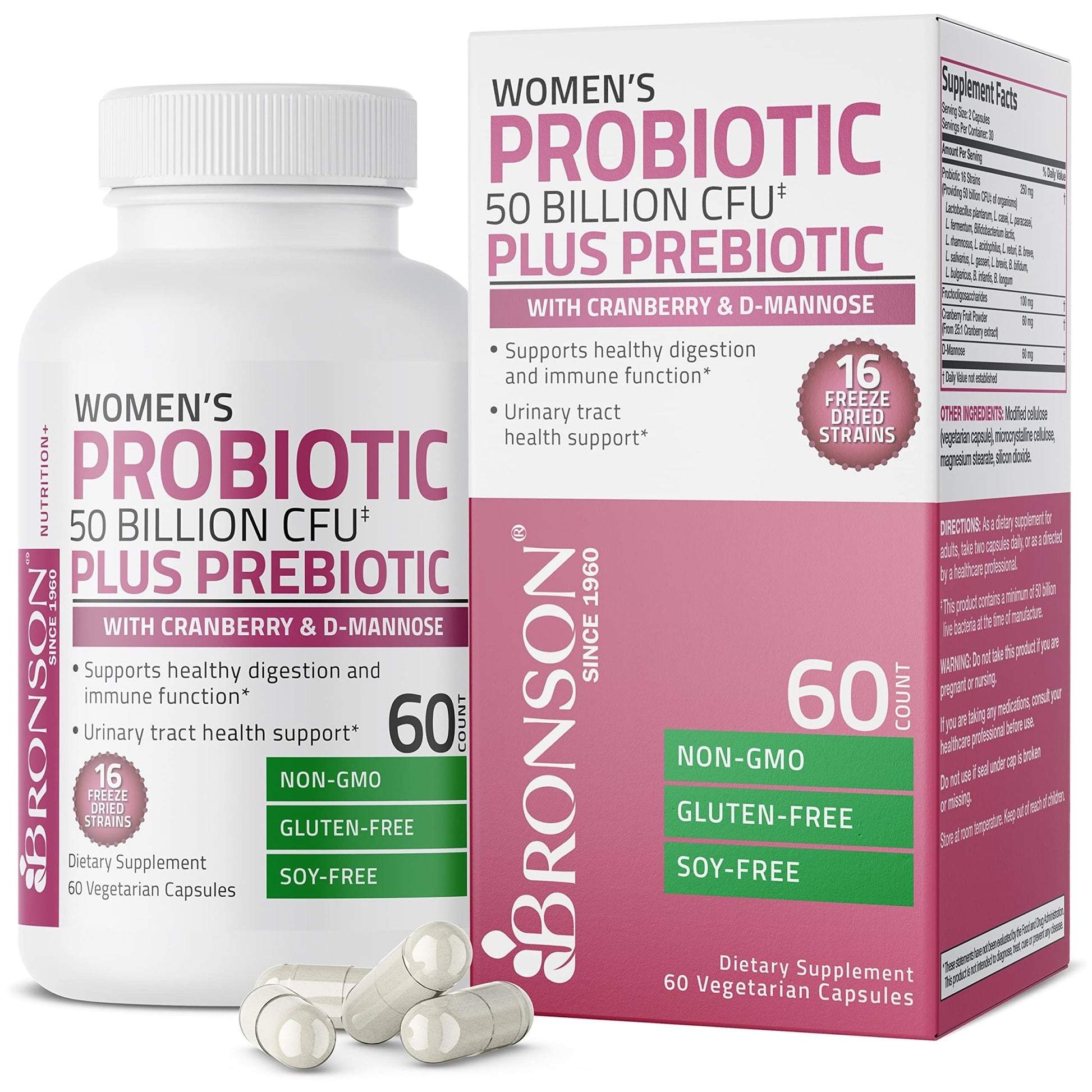 Bronson Women's Probiotic 50 Billion CFU + Prebiotic with Cranberry & D-Mannose – Vaginal Health, Healthy Digestion, Immune Function and Urinary Tract Support, Non-GMO, 60 Vegetarian Capsules - dailyvitalstore