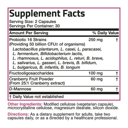 Bronson Women's Probiotic 50 Billion CFU + Prebiotic with Cranberry & D-Mannose – Vaginal Health, Healthy Digestion, Immune Function and Urinary Tract Support, Non-GMO, 60 Vegetarian Capsules - dailyvitalstore