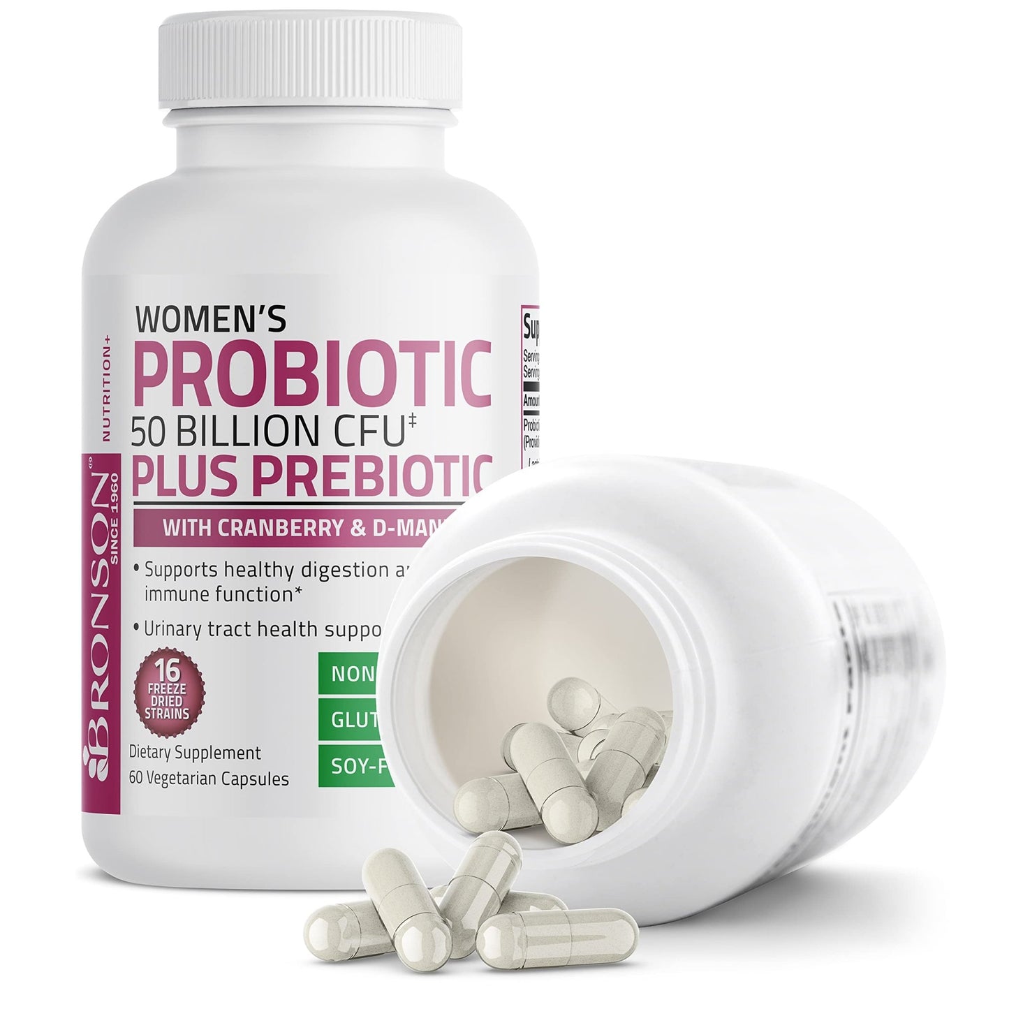Bronson Women's Probiotic 50 Billion CFU + Prebiotic with Cranberry & D-Mannose – Vaginal Health, Healthy Digestion, Immune Function and Urinary Tract Support, Non-GMO, 60 Vegetarian Capsules - dailyvitalstore