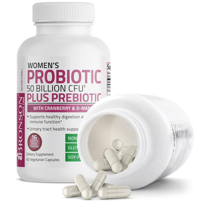 Bronson Women's Probiotic 50 Billion CFU + Prebiotic with Cranberry & D-Mannose – Vaginal Health, Healthy Digestion, Immune Function and Urinary Tract Support, Non-GMO, 60 Vegetarian Capsules - dailyvitalstore