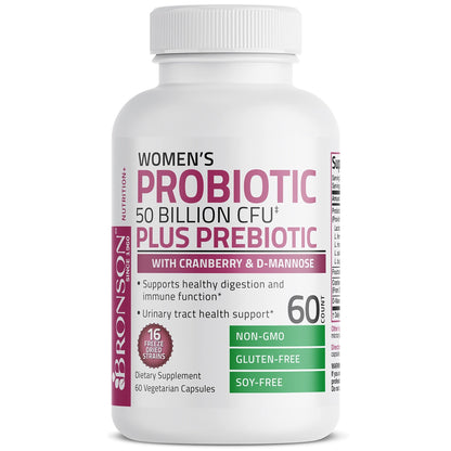 Bronson Women's Probiotic 50 Billion CFU + Prebiotic with Cranberry & D-Mannose – Vaginal Health, Healthy Digestion, Immune Function and Urinary Tract Support, Non-GMO, 60 Vegetarian Capsules - dailyvitalstore