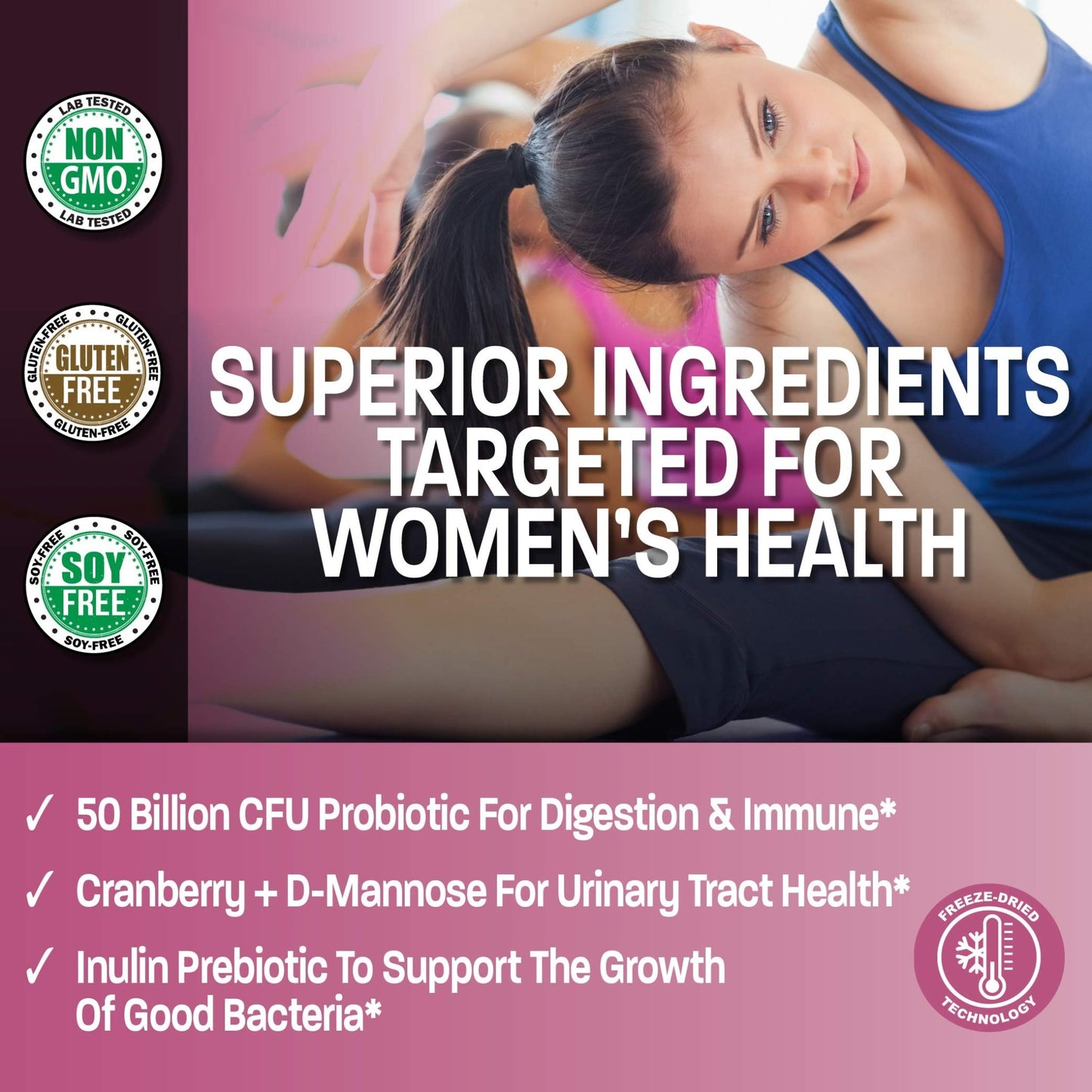 Bronson Women's Probiotic 50 Billion CFU + Prebiotic with Cranberry & D-Mannose – Vaginal Health, Healthy Digestion, Immune Function and Urinary Tract Support, Non-GMO, 60 Vegetarian Capsules - dailyvitalstore