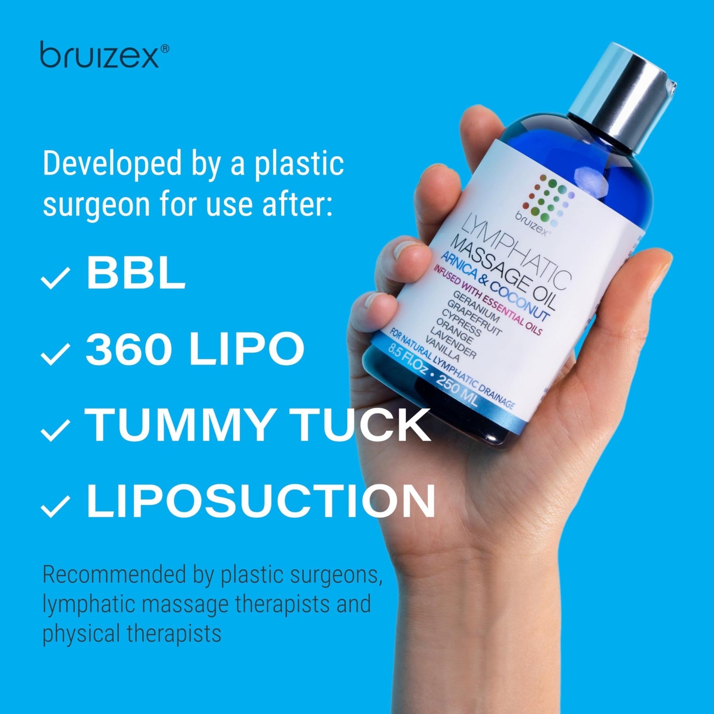 Bruizex Lymphatic Drainage Massage Oil with Arnica Oil & Coconut for Post Surgery Recovery & Lymphatic Drainage Massager, Liposuction, 360 Lipo, BBL, Tummy Tuck Procedure, Moisturizing Formula, 8.5 Oz - dailyvitalstore