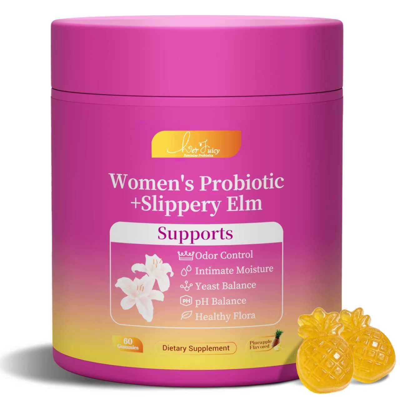 Brurtzexs Her Juicy Feminine Probiotics Gummies for Women with Slippery Elm - Pineapple Flavor, pH Balance & Immune Health Support - Digestive & Feminine Support - Vegan Supplement, 60 C - dailyvitalstore