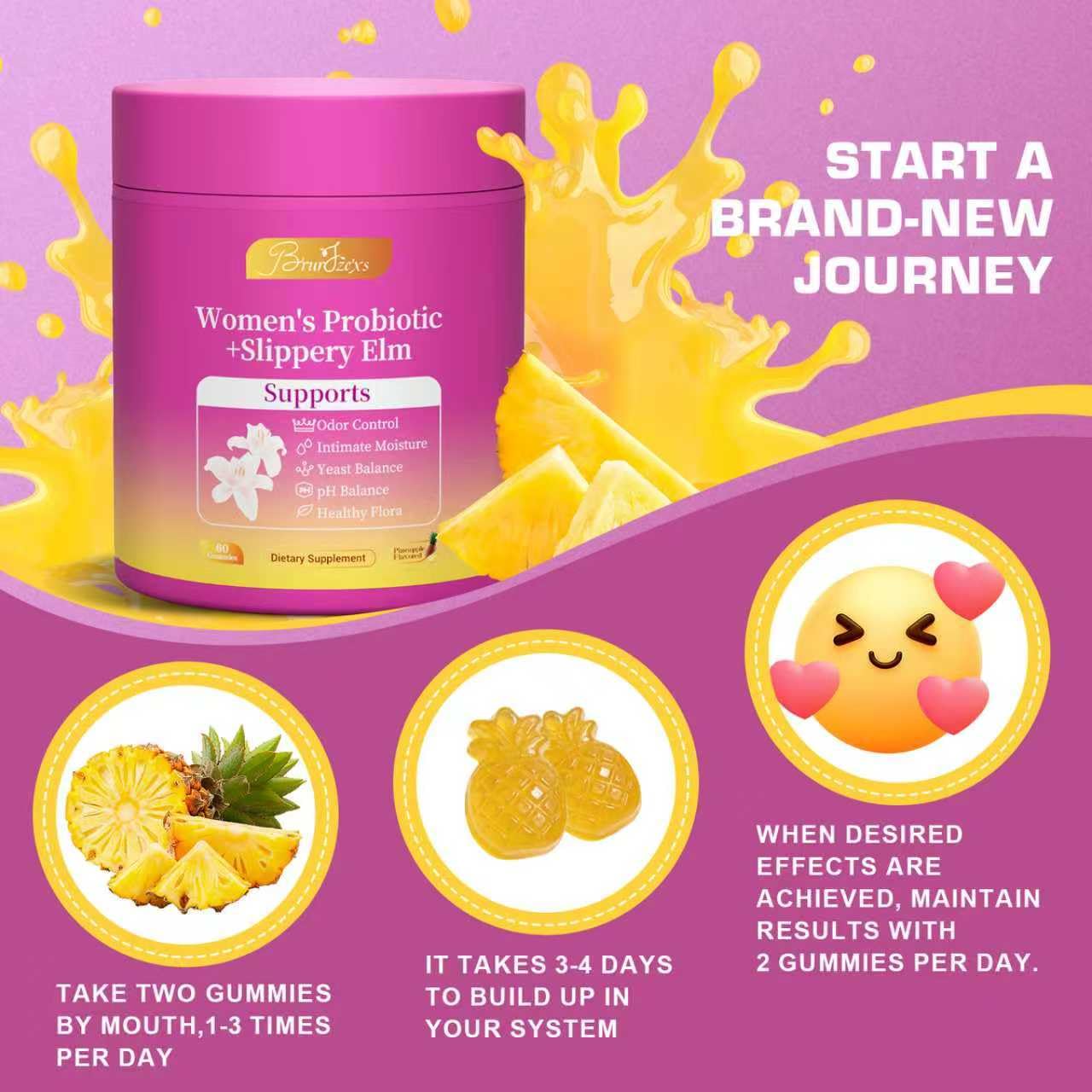 Brurtzexs Her Juicy Feminine Probiotics Gummies for Women with Slippery Elm - Pineapple Flavor, pH Balance & Immune Health Support - Digestive & Feminine Support - Vegan Supplement, 60 C - dailyvitalstore
