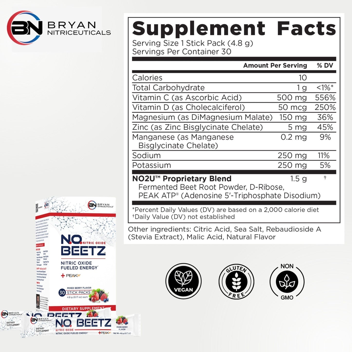 Bryan Nitriceuticals N.O. Beetz Nitric Oxide Fueled Energy Boost Supplement, Hydration & Cellular Energy Production Enhancer, Blend of Vitamins and Minerals (30 Servings) - dailyvitalstore