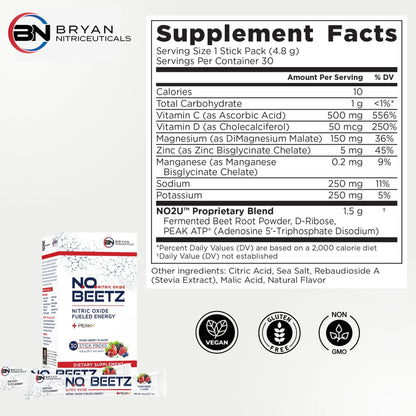 Bryan Nitriceuticals N.O. Beetz Nitric Oxide Fueled Energy Boost Supplement, Hydration & Cellular Energy Production Enhancer, Blend of Vitamins and Minerals (30 Servings) - dailyvitalstore