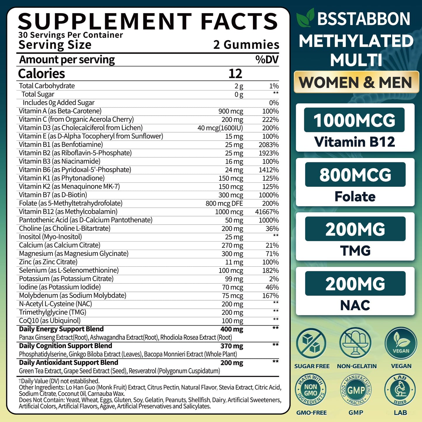 BSSTABBON Methylated Multivitamin for Women Men: Organic Iron Free Multivitamins Gummies plus 5-MTHF Active B12 P5P CoQ10 NAC TMG - Chewable Sugar Free Gummy for Energy Immune Overall Health(120Count) - dailyvitalstore