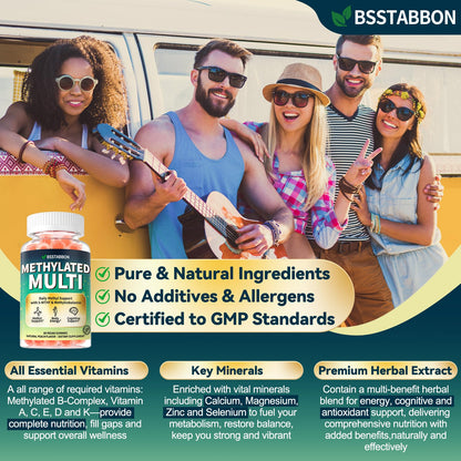 BSSTABBON Methylated Multivitamin for Women Men: Organic Iron Free Multivitamins Gummies plus 5-MTHF Active B12 P5P CoQ10 NAC TMG - Chewable Sugar Free Gummy for Energy Immune Overall Health(120Count) - dailyvitalstore
