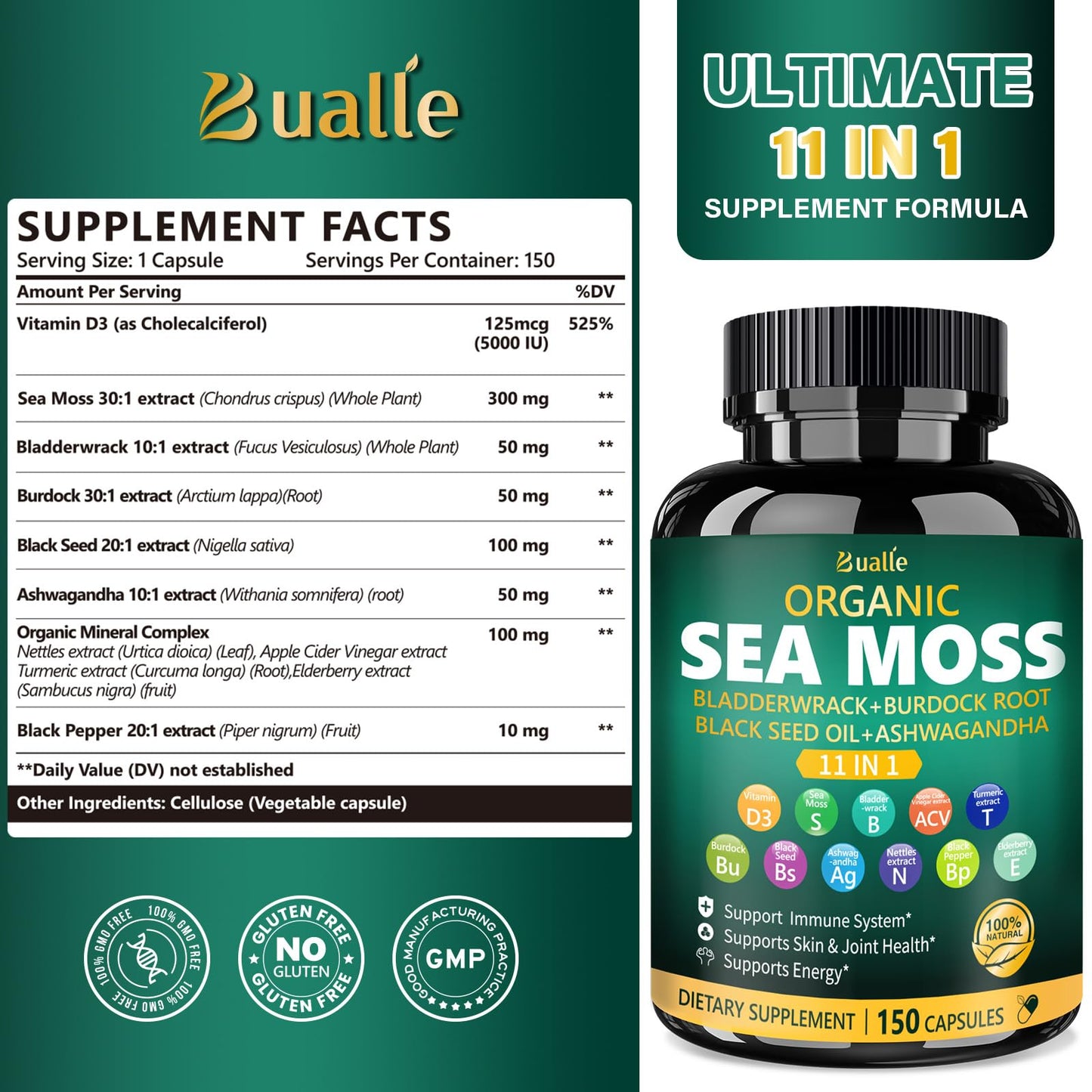 Bualle Irish Sea Moss Capsules – Organic Sea Moss, Black Seed Oil, Ashwagandha Supplements with Bladderwrack, Ginger & Burdock Root – Supports Daily Wellness, Skin & Energy – 150 Count (1 Pack) - dailyvitalstore