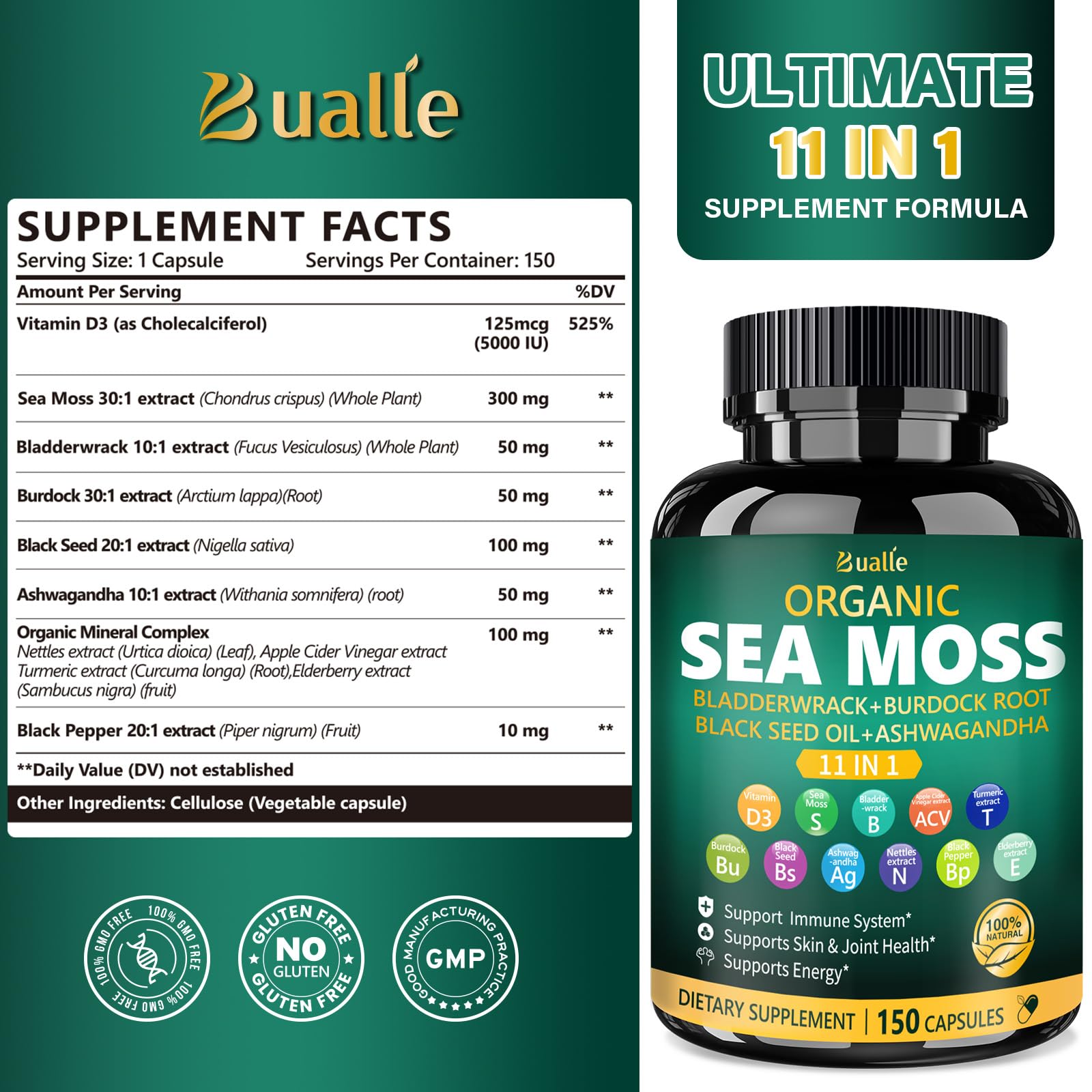 Bualle Irish Sea Moss Capsules – Organic Sea Moss, Black Seed Oil, Ashwagandha Supplements with Bladderwrack, Ginger & Burdock Root – Supports Daily Wellness, Skin & Energy – 150 Count (1 Pack) - dailyvitalstore