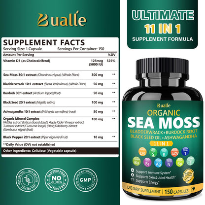 Bualle Irish Sea Moss Capsules – Organic Sea Moss, Black Seed Oil, Ashwagandha Supplements with Bladderwrack, Ginger & Burdock Root – Supports Daily Wellness, Skin & Energy – 150 Count (1 Pack) - dailyvitalstore
