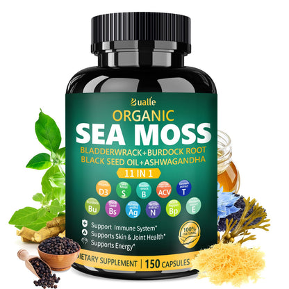 Bualle Irish Sea Moss Capsules – Organic Sea Moss, Black Seed Oil, Ashwagandha Supplements with Bladderwrack, Ginger & Burdock Root – Supports Daily Wellness, Skin & Energy – 150 Count (1 Pack) - dailyvitalstore