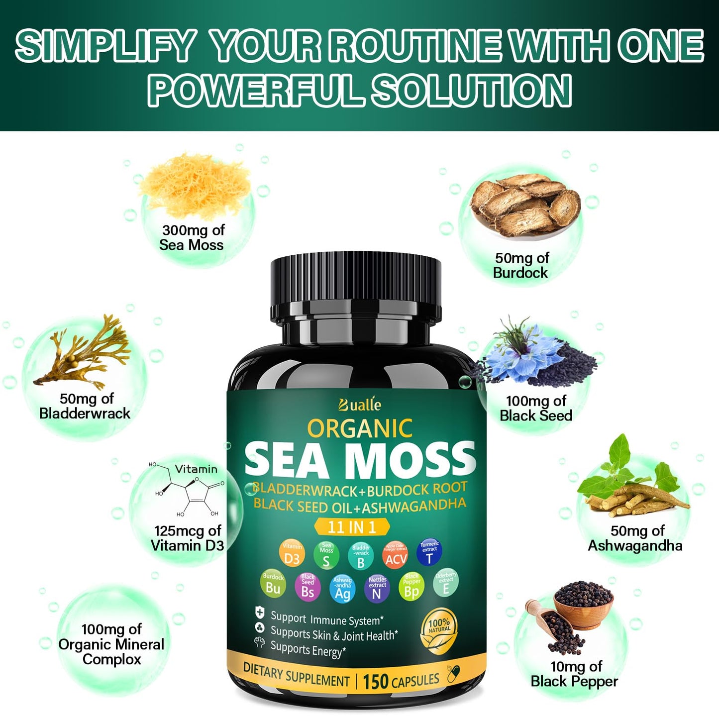Bualle Irish Sea Moss Capsules – Organic Sea Moss, Black Seed Oil, Ashwagandha Supplements with Bladderwrack, Ginger & Burdock Root – Supports Daily Wellness, Skin & Energy – 150 Count (1 Pack) - dailyvitalstore