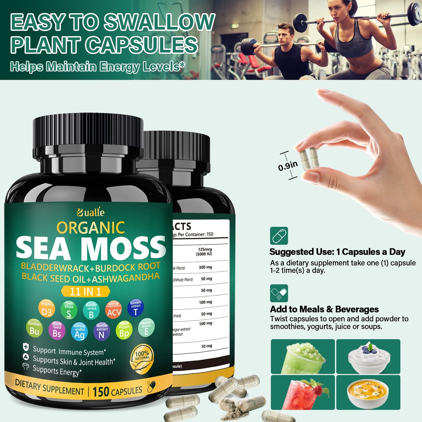 Bualle Irish Sea Moss Capsules – Organic Sea Moss, Black Seed Oil, Ashwagandha Supplements with Bladderwrack, Ginger & Burdock Root – Supports Daily Wellness, Skin & Energy – 150 Count (1 Pack) - dailyvitalstore
