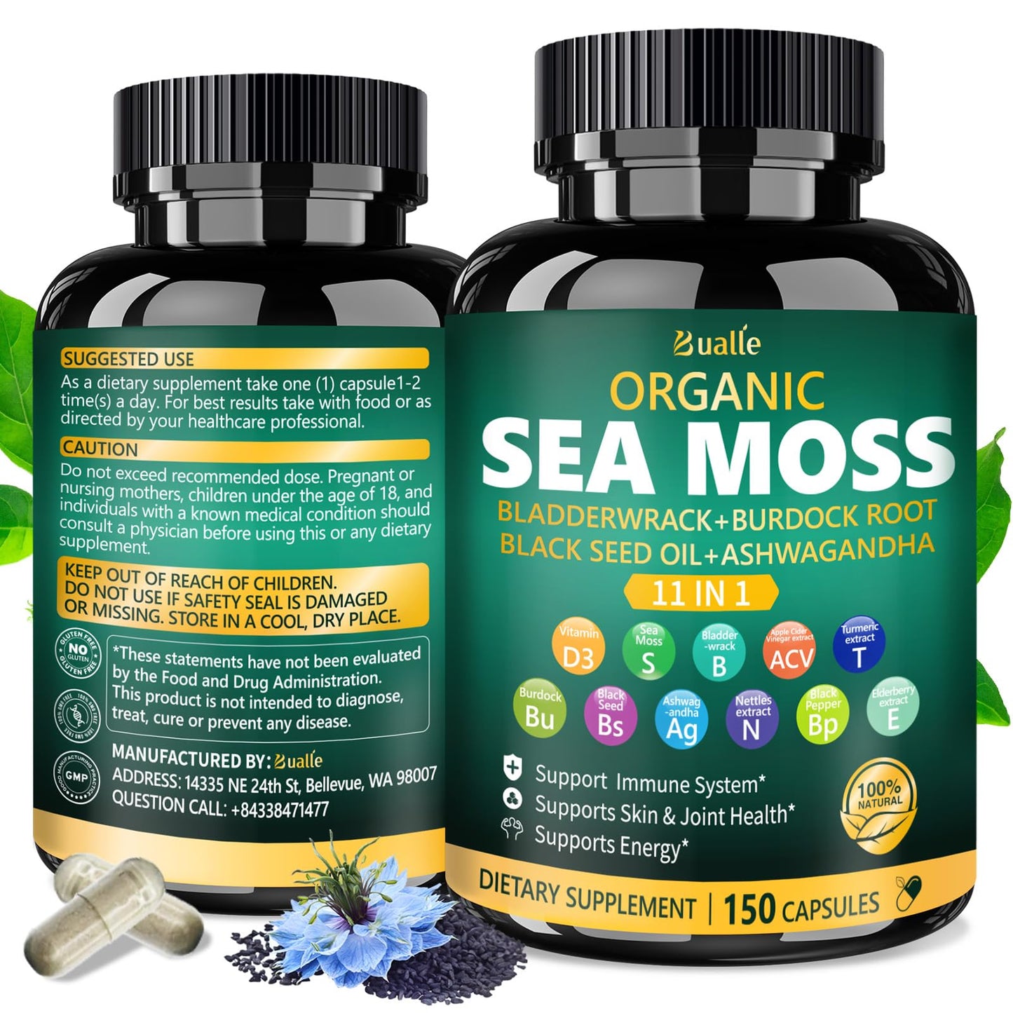 Bualle Irish Sea Moss Capsules – Organic Sea Moss, Black Seed Oil, Ashwagandha Supplements with Bladderwrack, Ginger & Burdock Root – Supports Daily Wellness, Skin & Energy – 150 Count (1 Pack) - dailyvitalstore