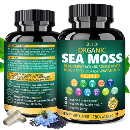 Bualle Irish Sea Moss Capsules – Organic Sea Moss, Black Seed Oil, Ashwagandha Supplements with Bladderwrack, Ginger & Burdock Root – Supports Daily Wellness, Skin & Energy – 150 Count (1 Pack) - dailyvitalstore