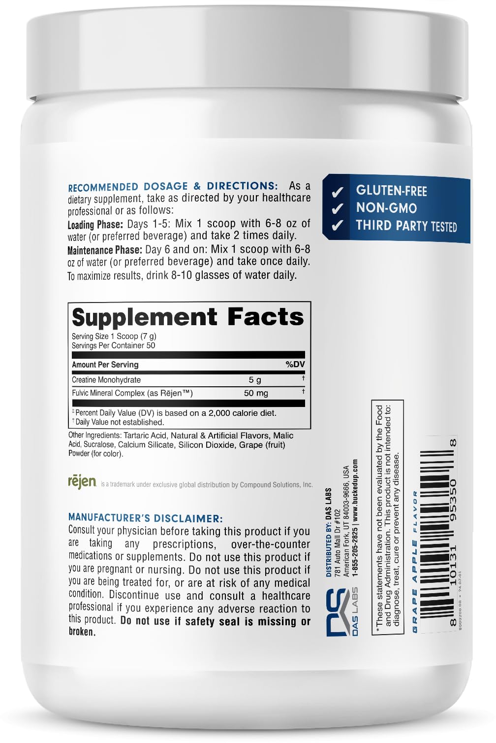 Bucked Up Grape Apple Creatine for Women and Men - Easy to Mix Vegetarian - Flavored Creatine Monohydrate Powder - Made in USA - 5G Per Serving - 50 Servings - 250 Grams Per Container - dailyvitalstore