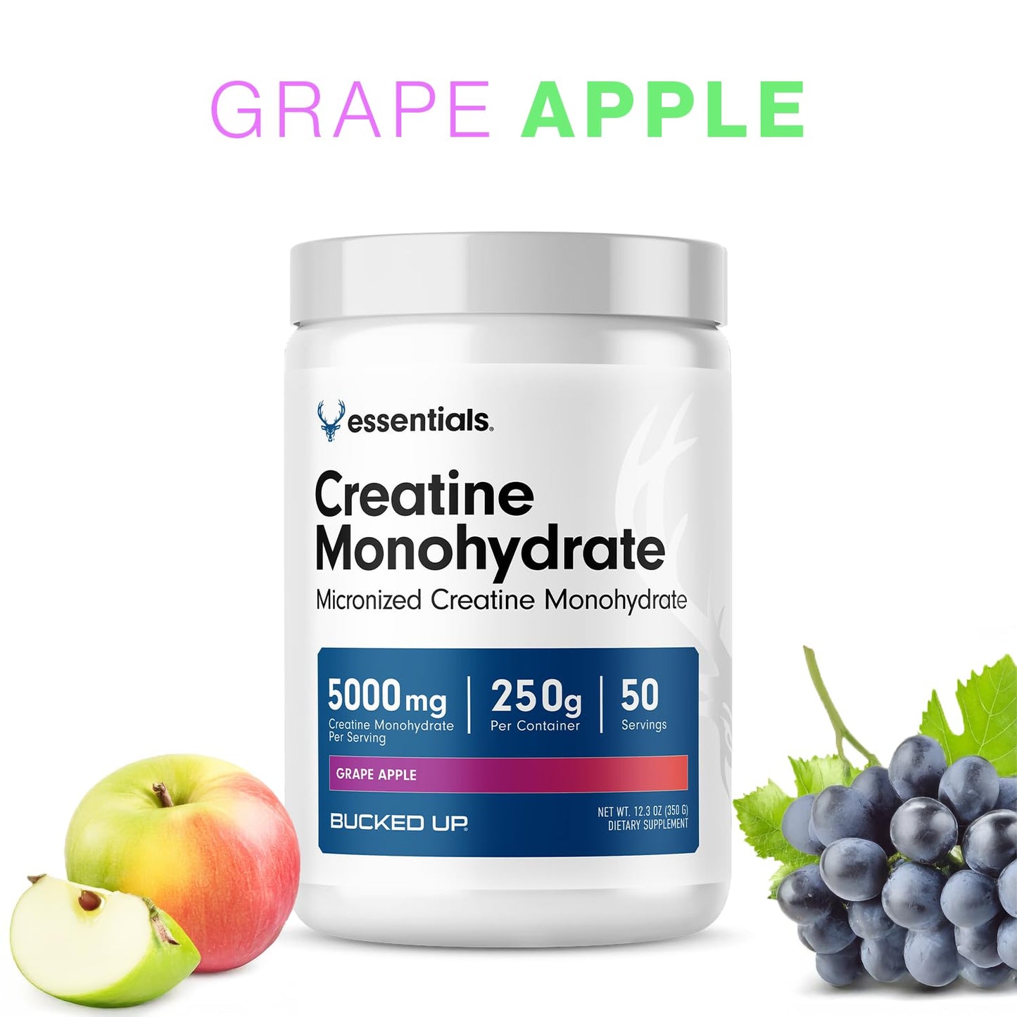 Bucked Up Grape Apple Creatine for Women and Men - Easy to Mix Vegetarian - Flavored Creatine Monohydrate Powder - Made in USA - 5G Per Serving - 50 Servings - 250 Grams Per Container - dailyvitalstore