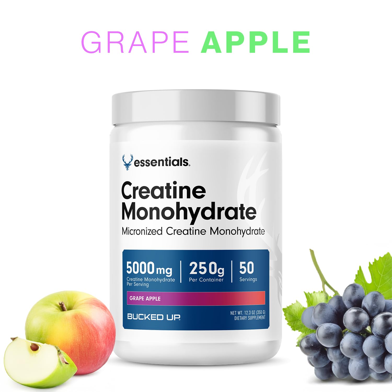 Bucked Up Grape Apple Creatine for Women and Men - Easy to Mix Vegetarian - Flavored Creatine Monohydrate Powder - Made in USA - 5G Per Serving - 50 Servings - 250 Grams Per Container - dailyvitalstore