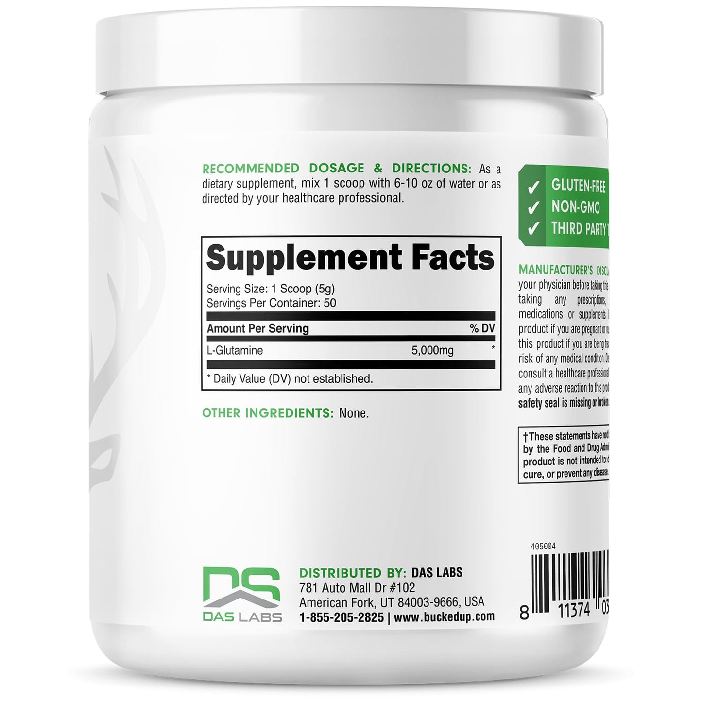 Bucked Up L-Glutamine (5000mg), Essentials (50 Servings, 250 Grams) - dailyvitalstore