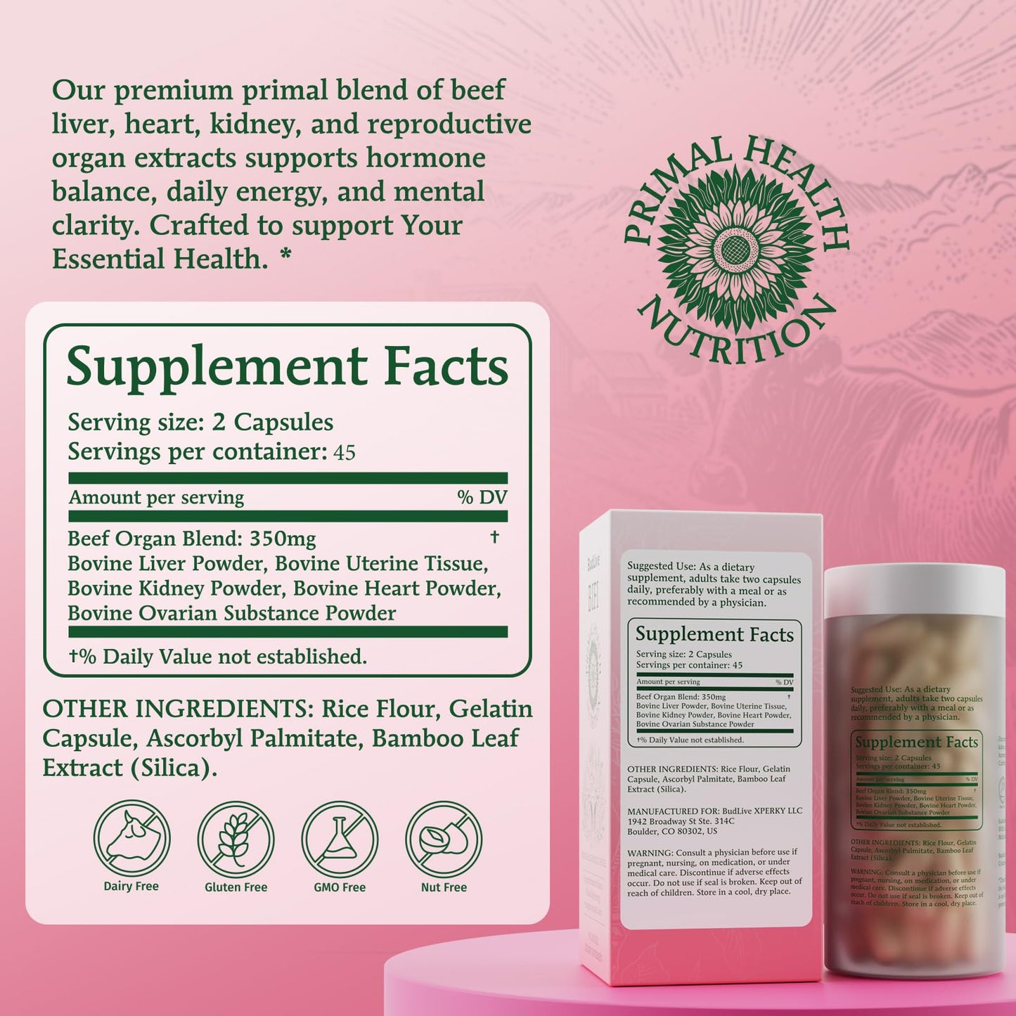 BudLive Beef Organ Supplement for Women – 100% Grass-Fed & Pasture Raised [Ovary, Liver, Spleen, Kidney & Heart] Primal Nutrition for Hormone Support, Energy & Wellness, 90 Capsules - dailyvitalstore