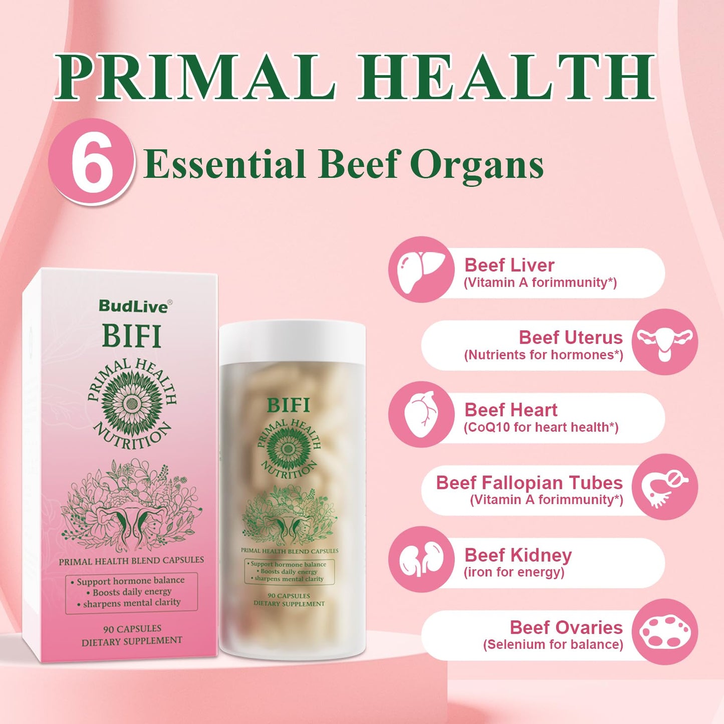 BudLive Beef Organ Supplement for Women – 100% Grass-Fed & Pasture Raised [Ovary, Liver, Spleen, Kidney & Heart] Primal Nutrition for Hormone Support, Energy & Wellness, 90 Capsules - dailyvitalstore
