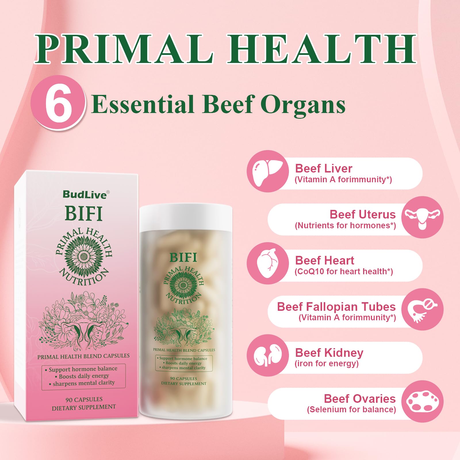 BudLive Beef Organ Supplement for Women – 100% Grass-Fed & Pasture Raised [Ovary, Liver, Spleen, Kidney & Heart] Primal Nutrition for Hormone Support, Energy & Wellness, 90 Capsules - dailyvitalstore
