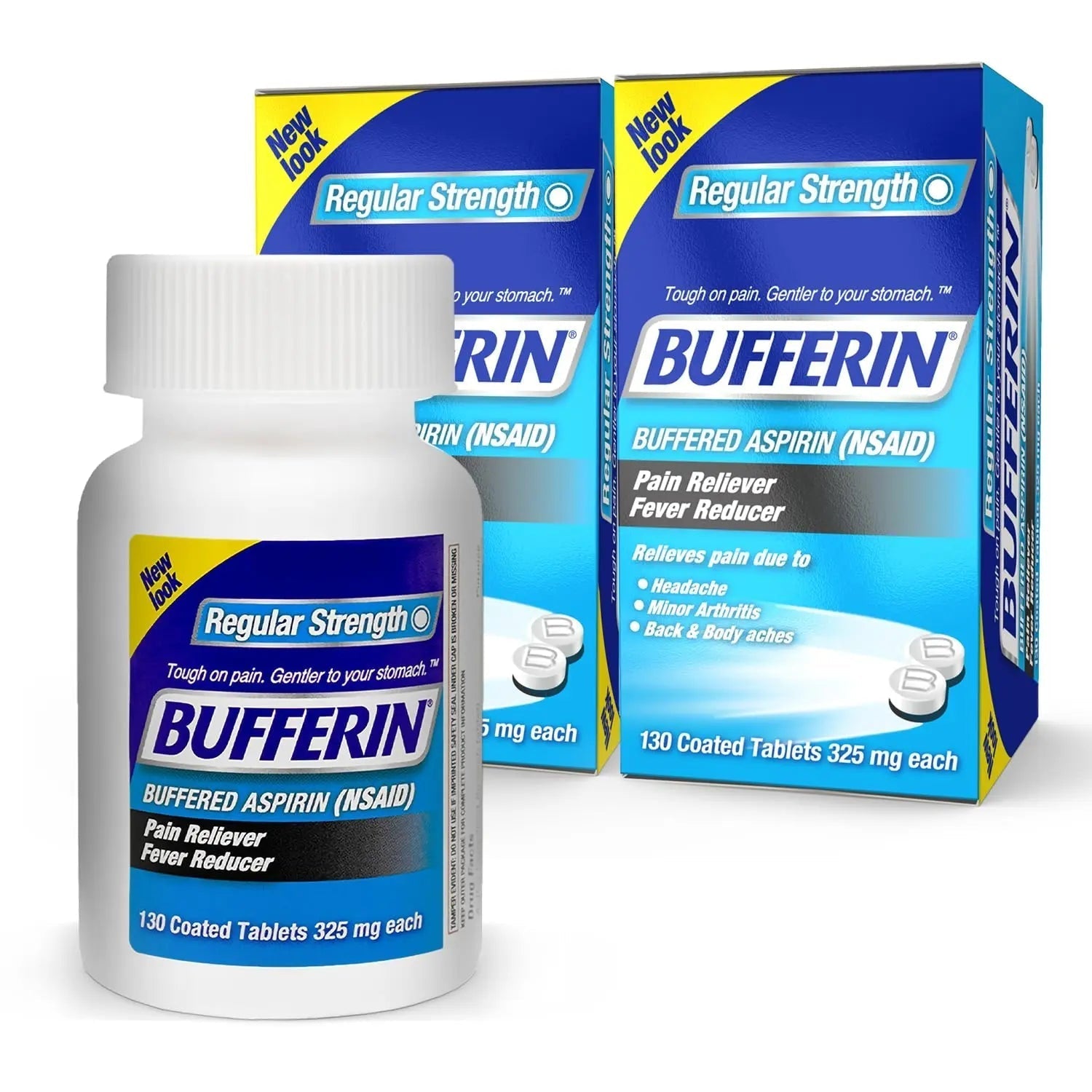 Bufferin Aspirin 325mg, Pain Reliever & Fever Reducer, with 3 Buffering Agents Relieves 7 Types of Pain: Headaches, Back Ache, Arthritis, Muscle Aches & More, for Adults, 130 Coated Tablets, 2-Pack - dailyvitalstore