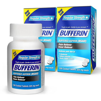 Bufferin Aspirin 325mg, Pain Reliever & Fever Reducer, with 3 Buffering Agents Relieves 7 Types of Pain: Headaches, Back Ache, Arthritis, Muscle Aches & More, for Adults, 130 Coated Tablets, 2-Pack - dailyvitalstore