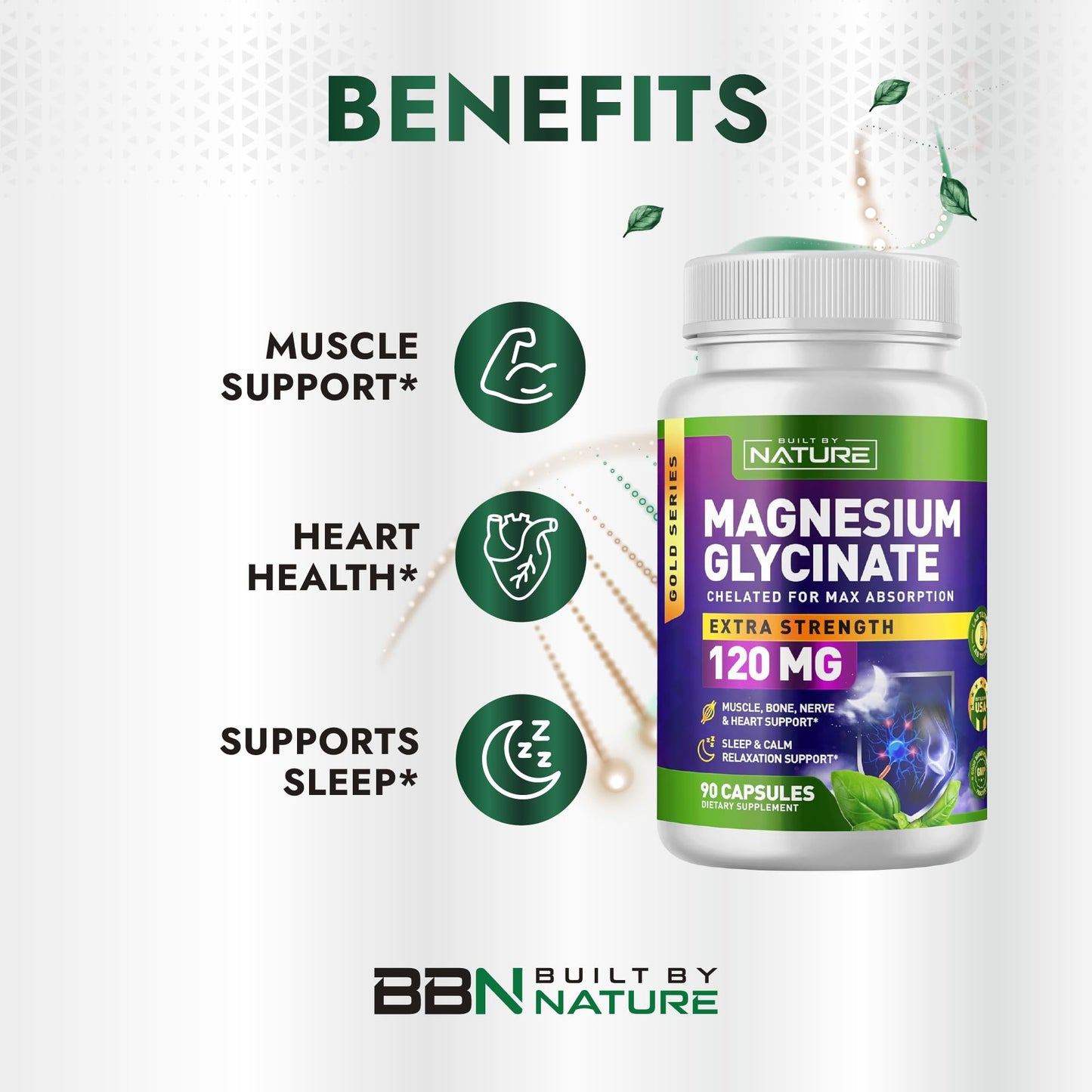 Built By Nature Magnesium Glycinate - Chelated for High Absorption – Supplement to Support Sleep, Muscle, Heart & Nerve Health - 120 mg Magnesium per Serving/Capsule - 90 Capsules - dailyvitalstore