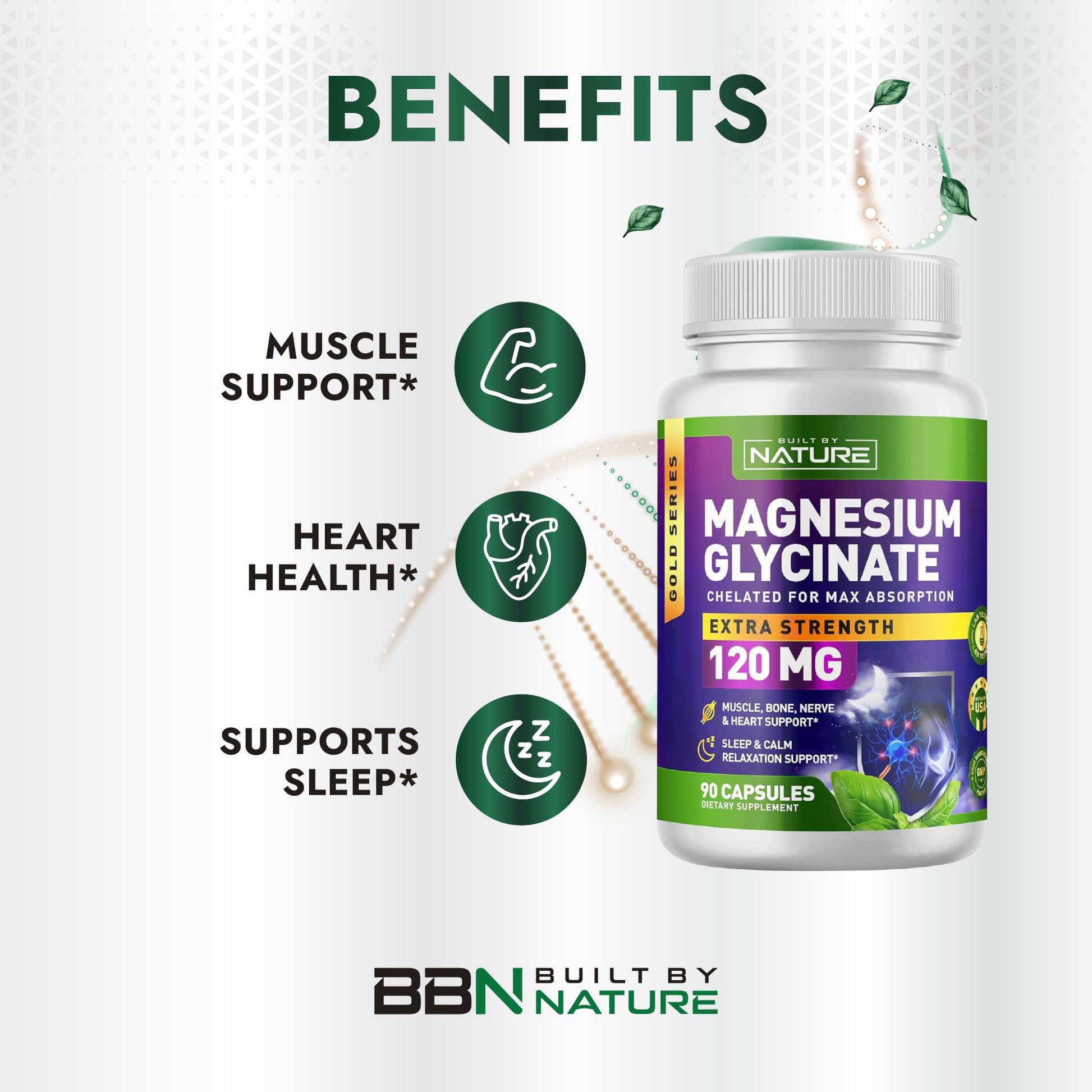 Built By Nature Magnesium Glycinate - Chelated for High Absorption – Supplement to Support Sleep, Muscle, Heart & Nerve Health - 120 mg Magnesium per Serving/Capsule - 90 Capsules - dailyvitalstore